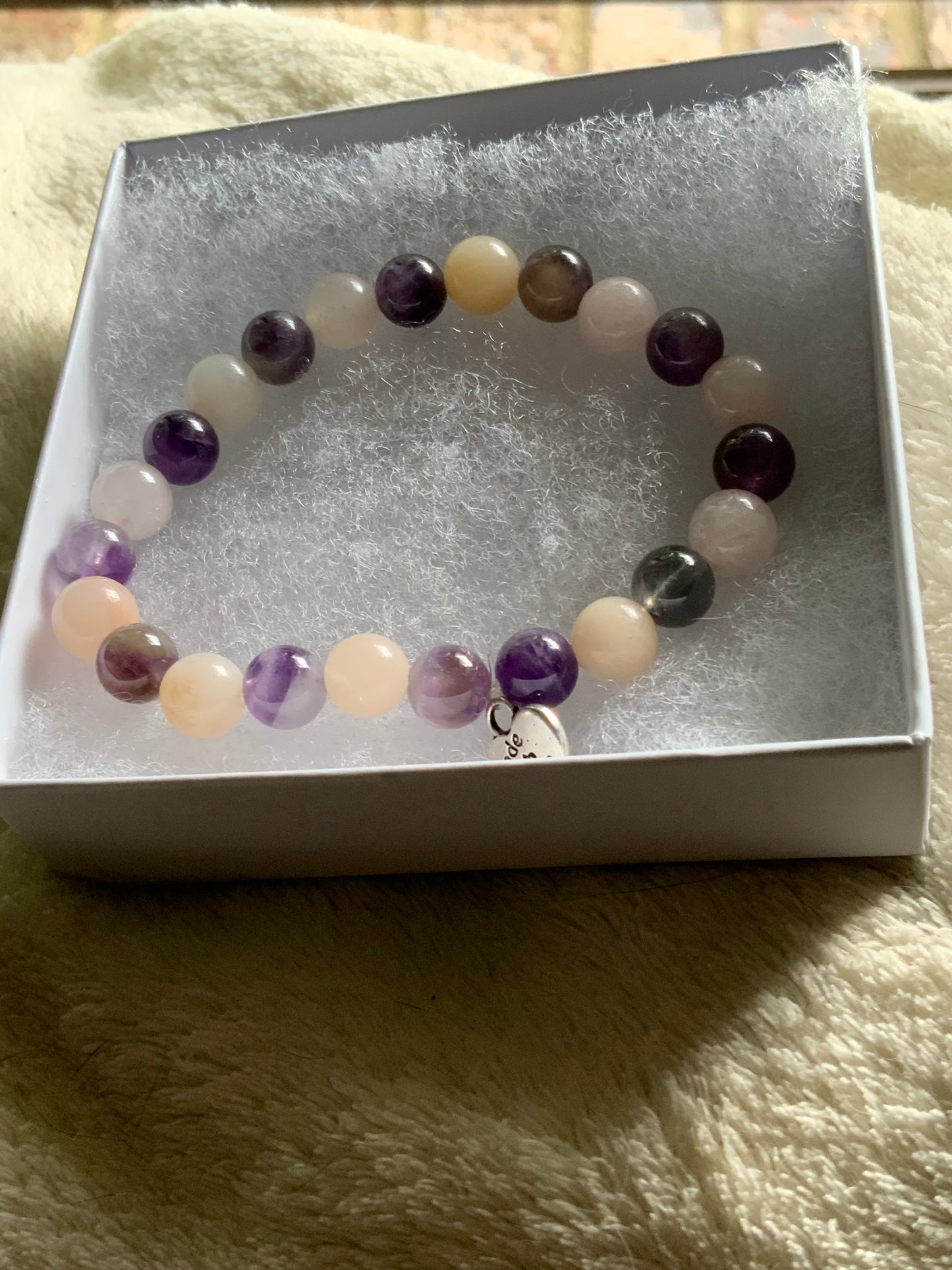 Handmade Rose Quartz & Reconstituted Larimar Stretchy Bracelet with Love Charm