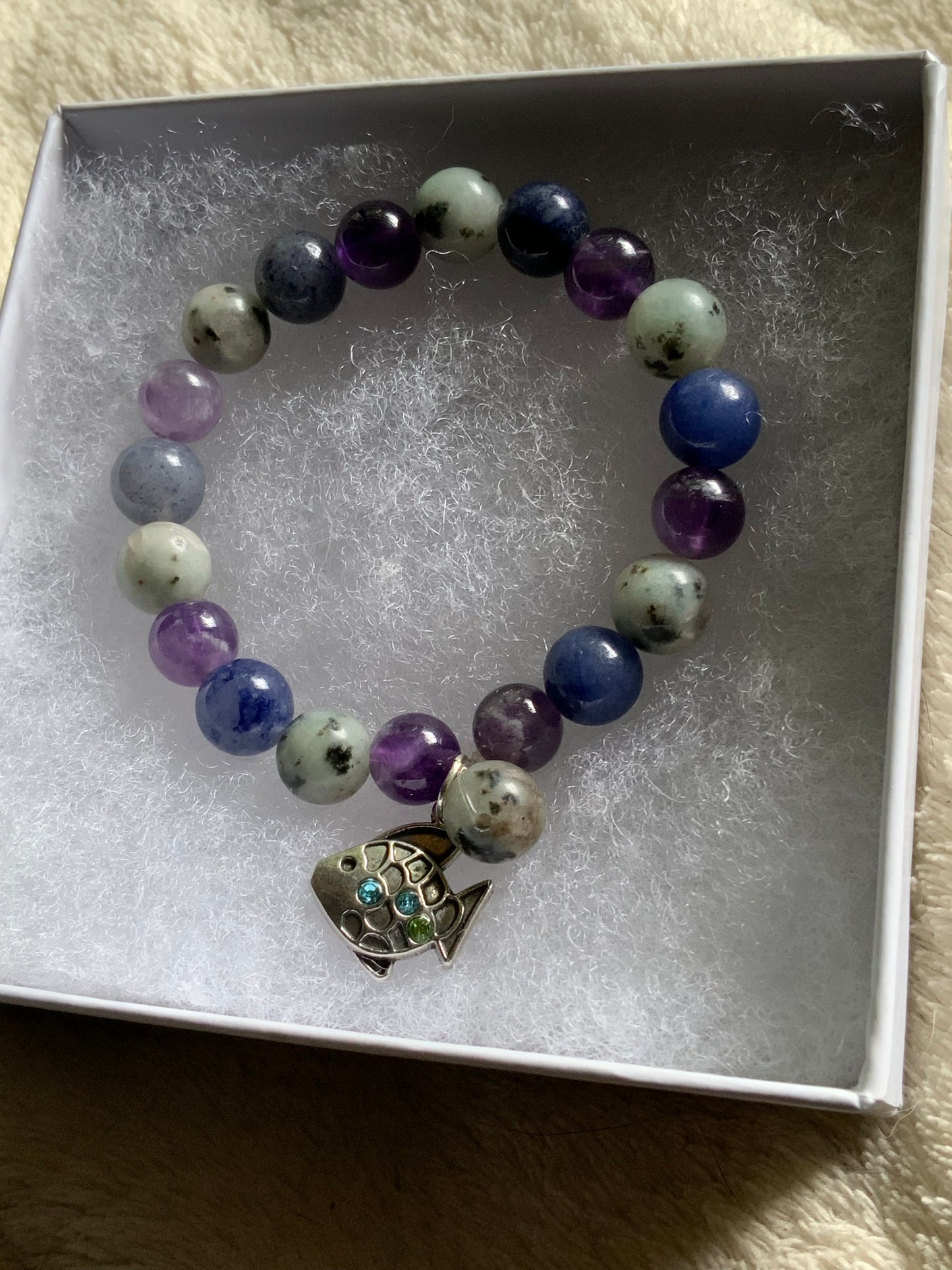Jasper, Amethyst & Blue Aventurine Stretchy Bracelet with Fish Charm