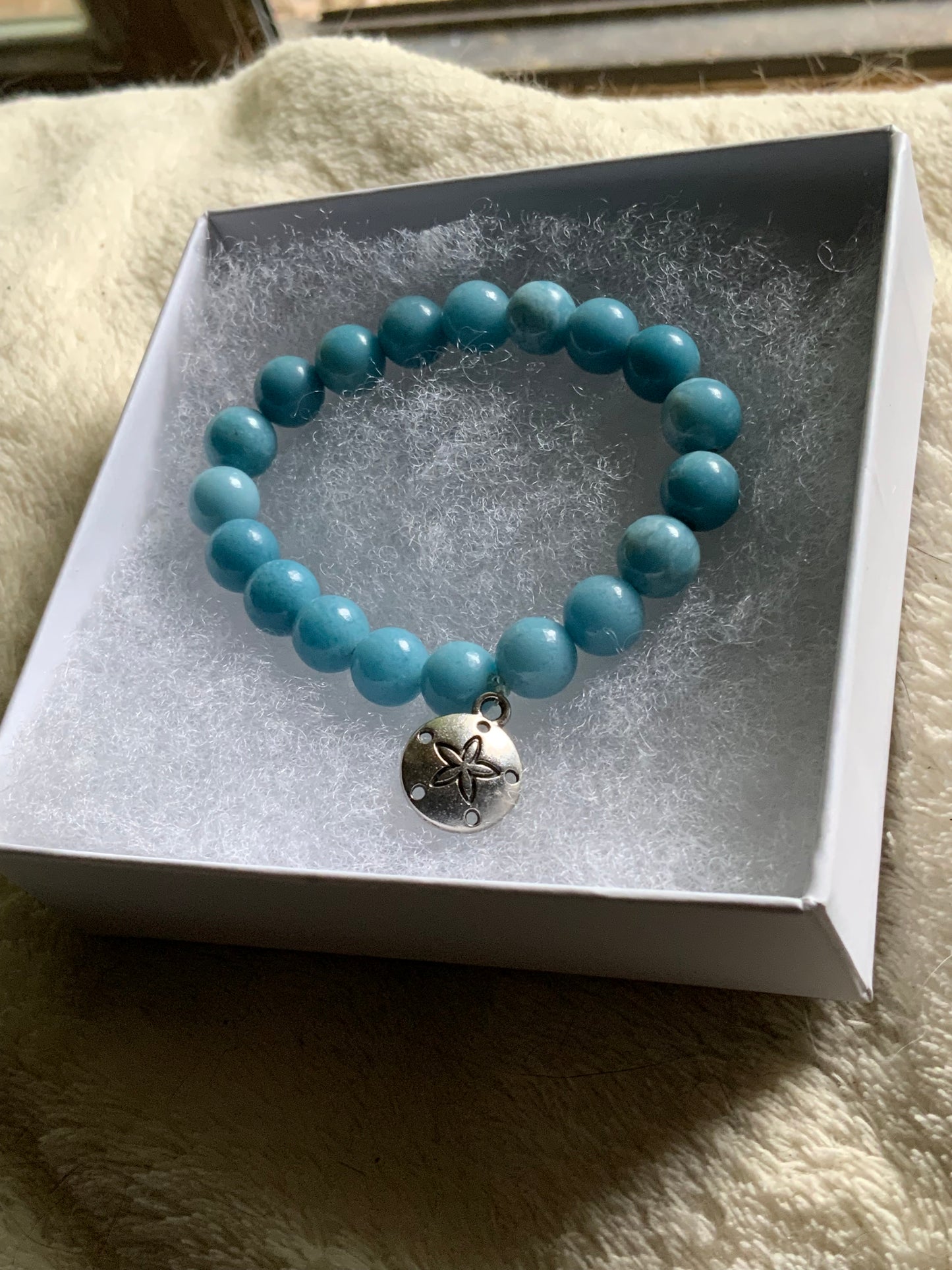 Handmade Reconstituted Larimar Stretchy Bracelet with Sand Dollar Charm
