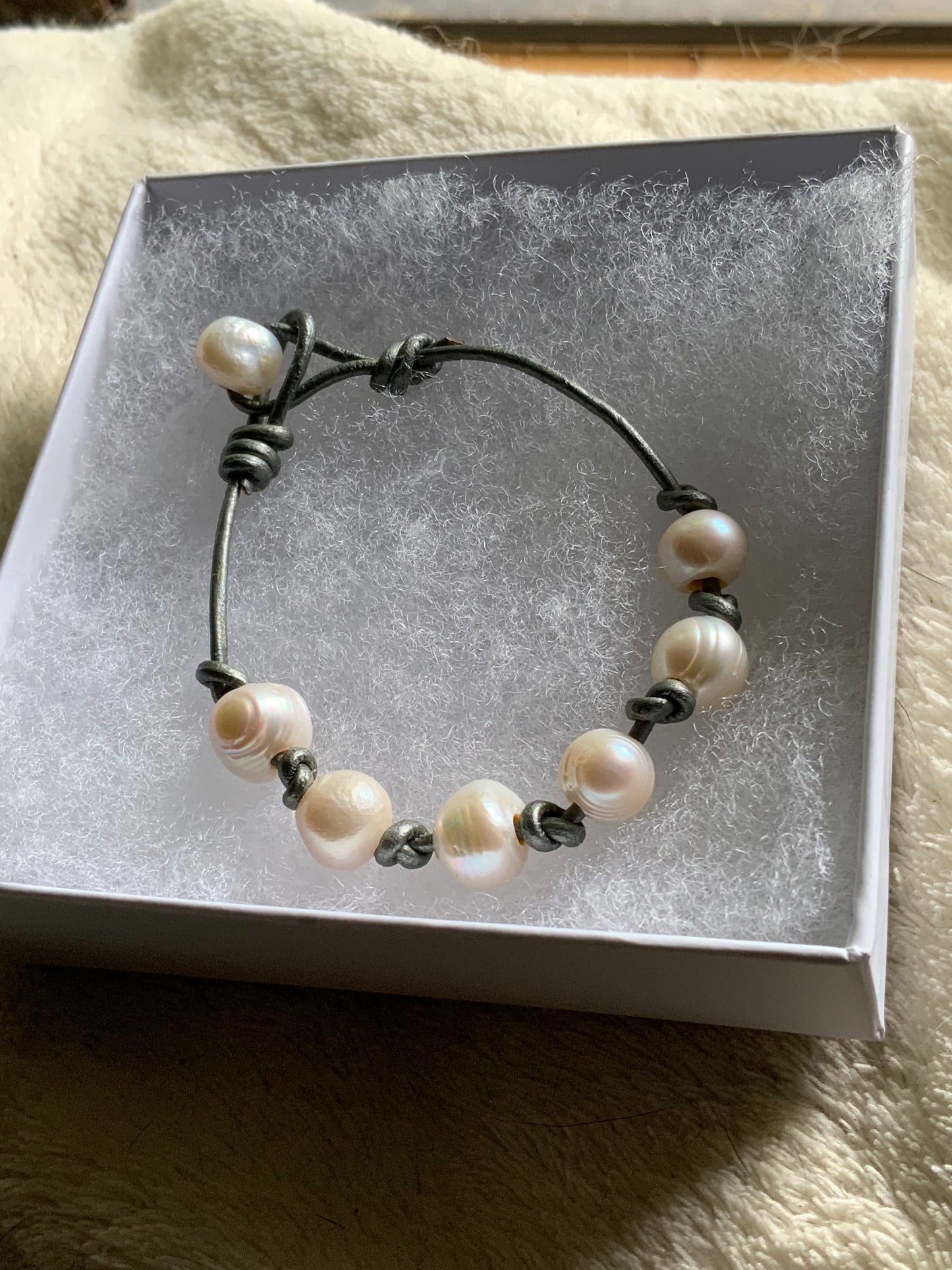 Freshwater Pearl & Leather Cord Bracelet — Hand Knotted