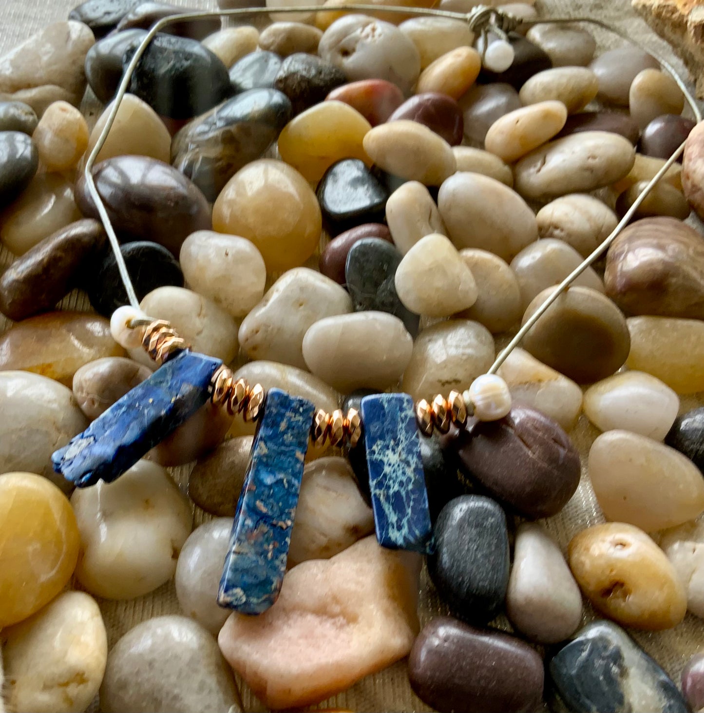 Handmade Lapis Lazuli & Freshwater Pearl Silver Leather Cord Necklace