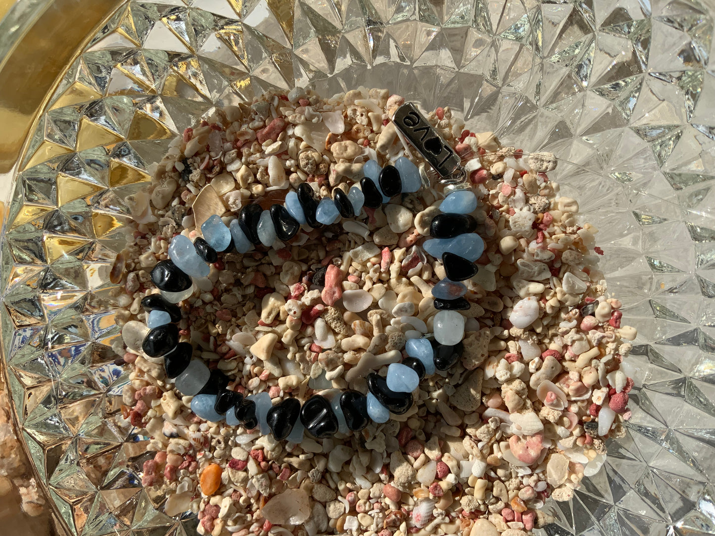 Handmade Obsidian and Aquamarine Stretchy Bracelet with Love Charm