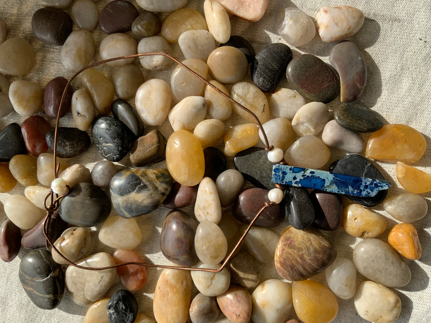 Lapis Pendant with Freshwater Pearls on Bronze Leather Cord