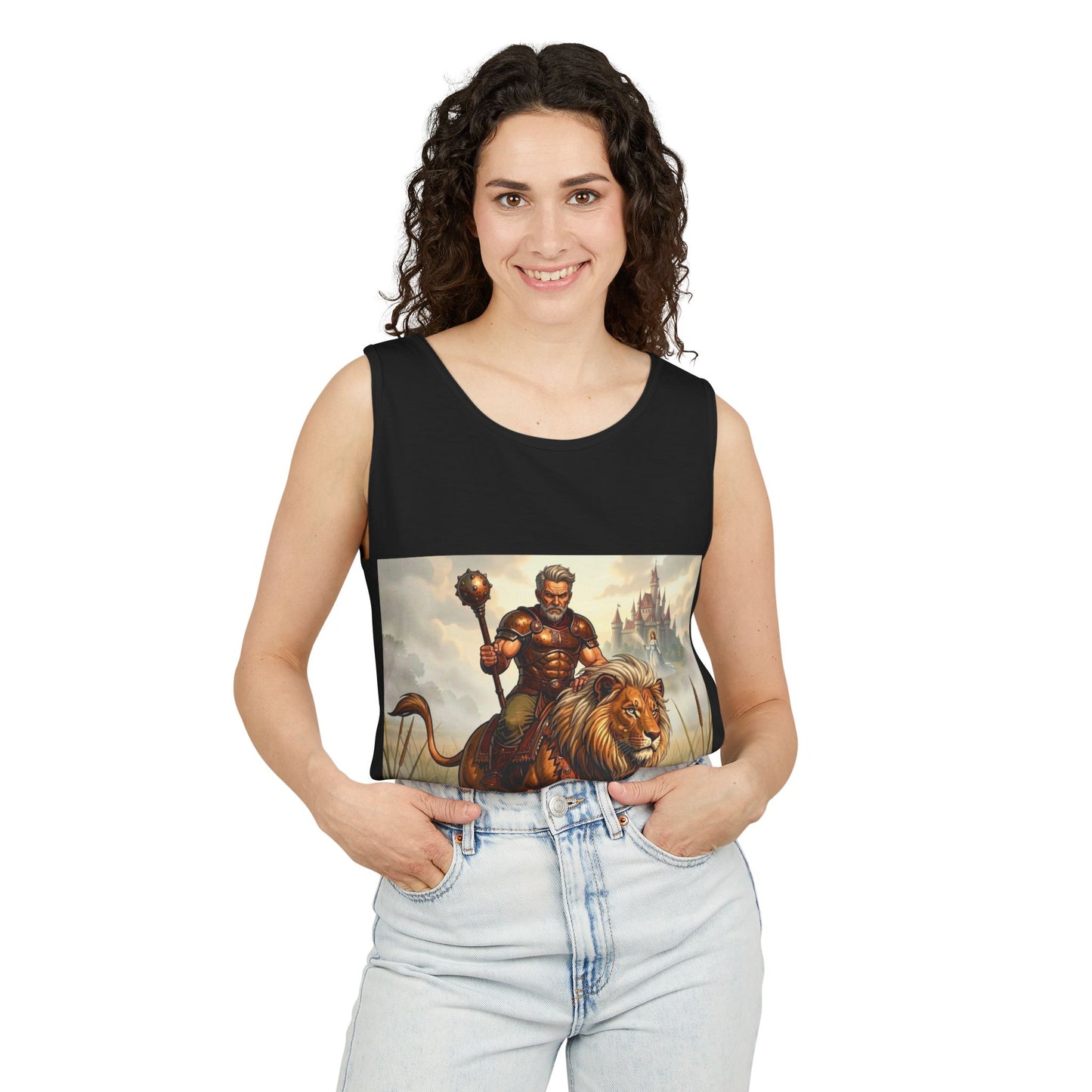 Lion Rider Tank Top — Fantasy Warrior Riding Lion Graphic