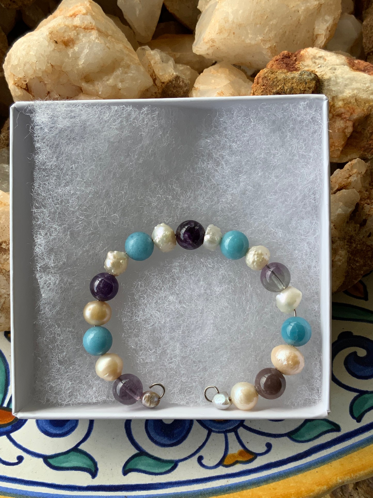 Small Memory Wire Cuff Bracelet – Larimar, Pearl & Amethyst