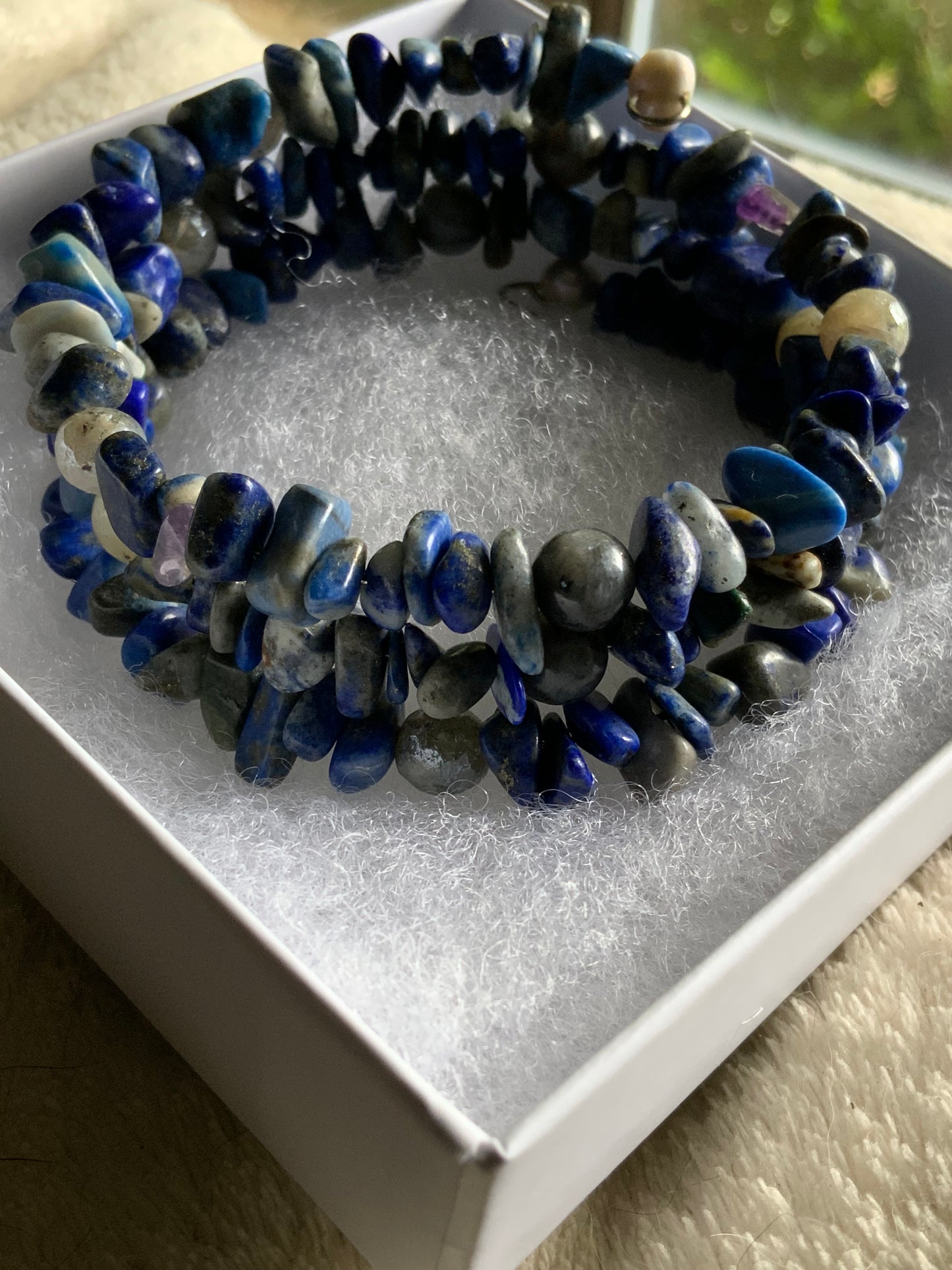 Memory Wire Bracelet – Lapis Lazuli, Labradorite & Freshwater Pearl