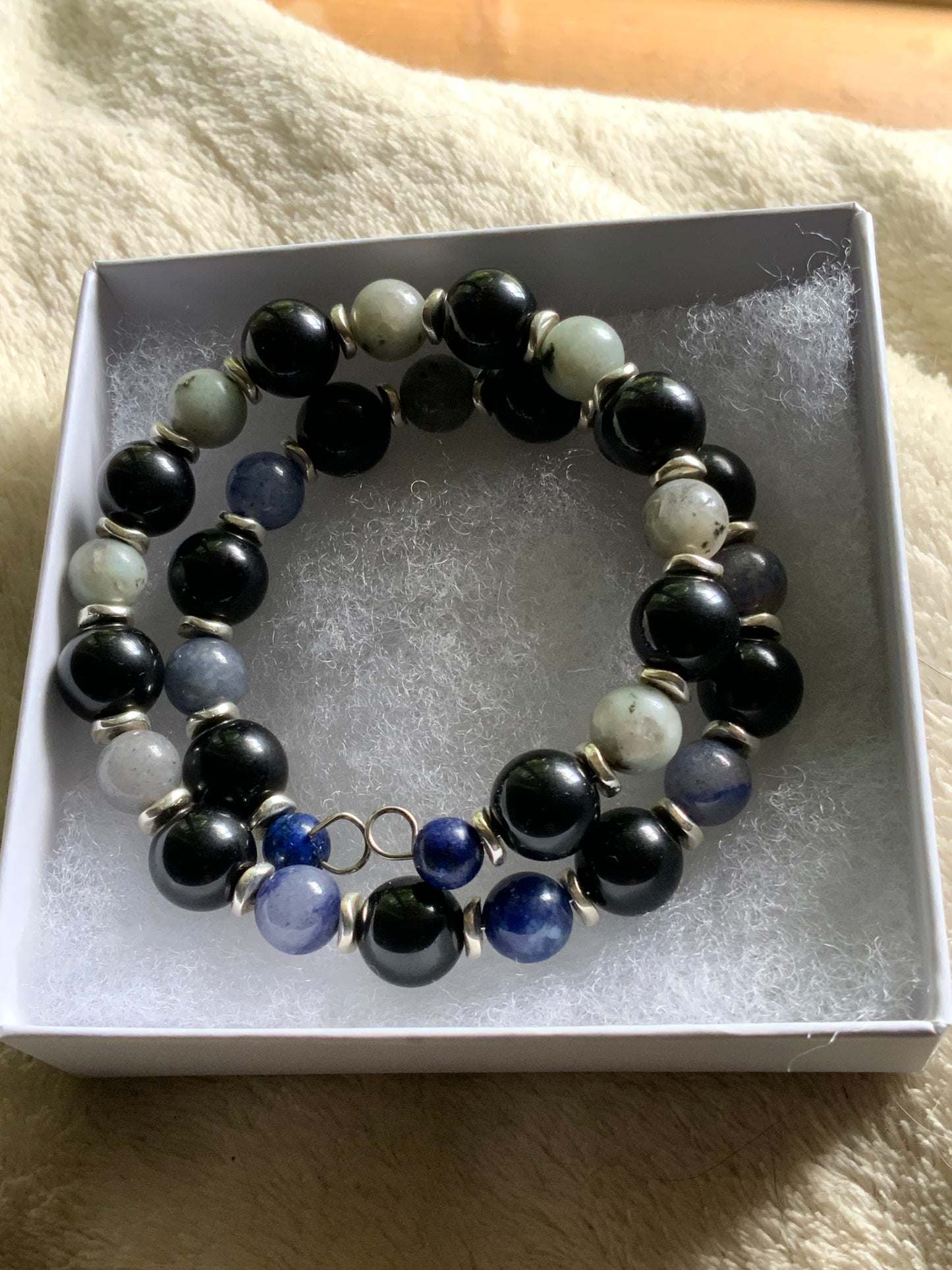 Handmade Memory Wire Bracelet — Jasper, Blue Aventurine, Onyx & Lapis with Silver Hematite Accents