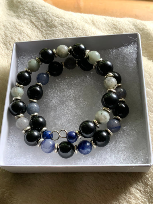 Handmade Memory Wire Bracelet — Jasper, Blue Aventurine, Onyx & Lapis with Silver Hematite Accents