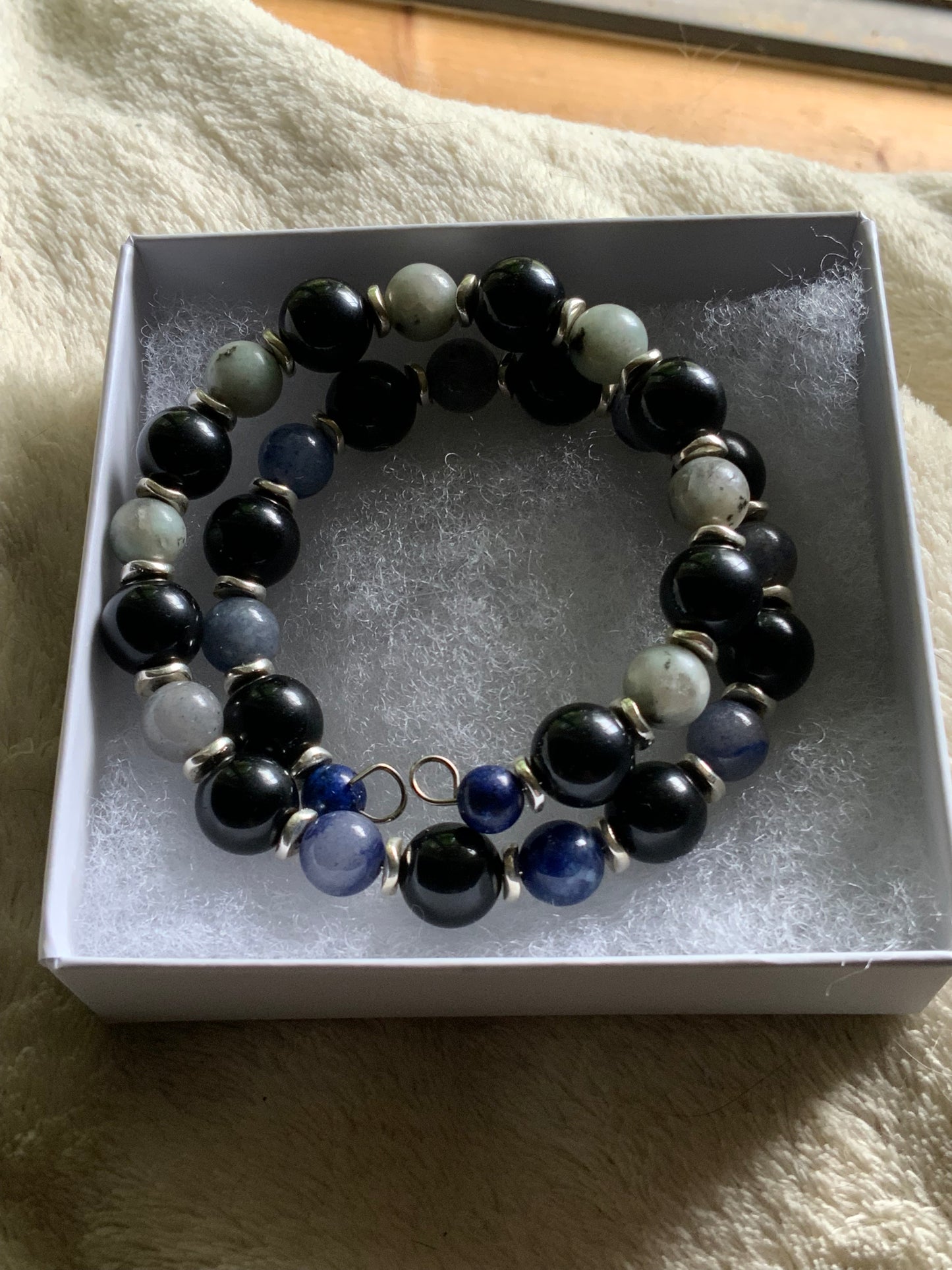 Handmade Memory Wire Bracelet — Jasper, Blue Aventurine, Onyx & Lapis with Silver Hematite Accents