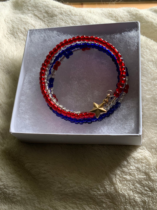 Handmade Patriotic Memory Wire Glass Bead Bracelet — Red, White & Blue