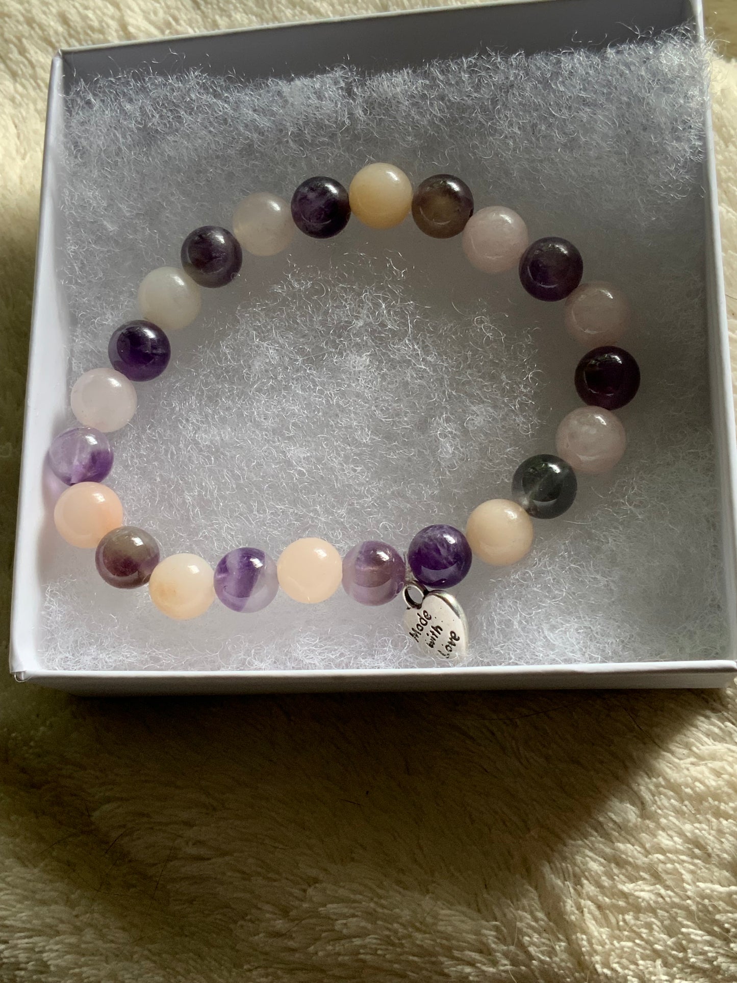 Handmade Rose Quartz & Reconstituted Larimar Stretchy Bracelet with Love Charm