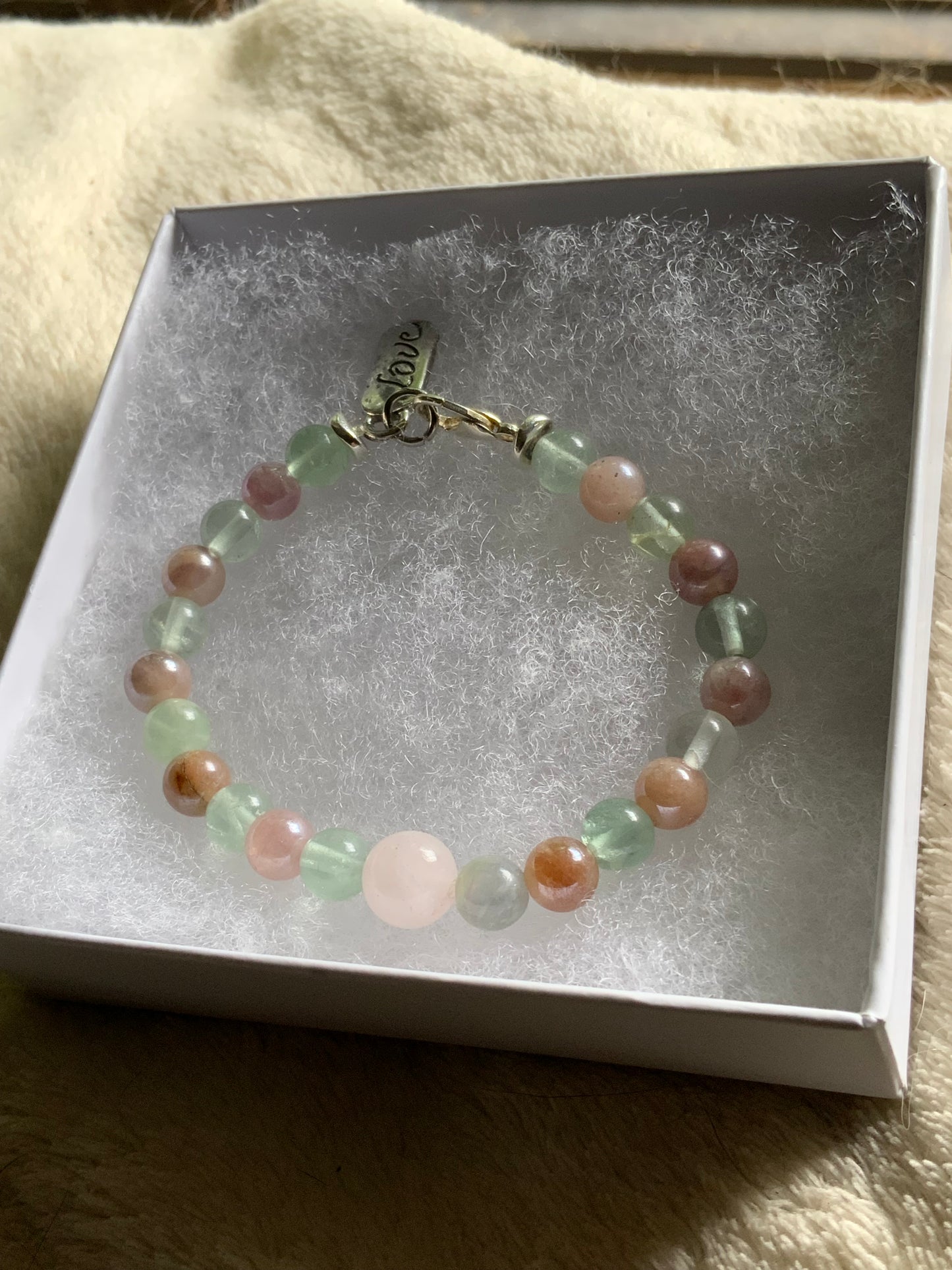 Handmade Rose Quartz, Fluorite, Sunstone & Pink Opal Stretchy Bracelet with Love Clasp
