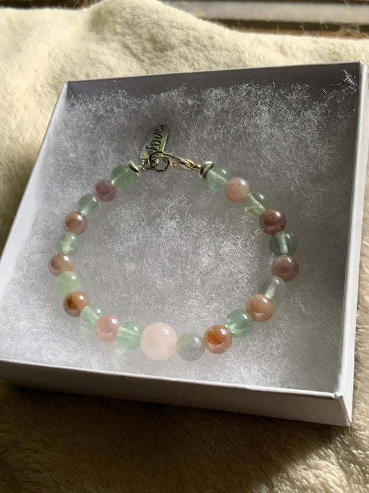 Handmade Rose Quartz, Fluorite, Sunstone & Pink Opal Stretchy Bracelet with Love Clasp