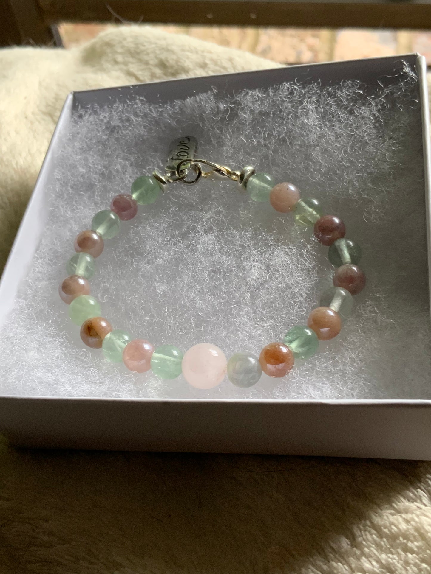 Handmade Rose Quartz, Fluorite, Sunstone & Pink Opal Stretchy Bracelet with Love Clasp