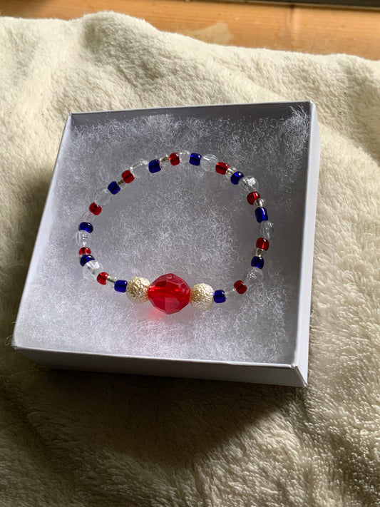 Patriotic Stretch Bracelet — Red, White & Blue Glass & Plastic Beads with Crystal Centerpiece
