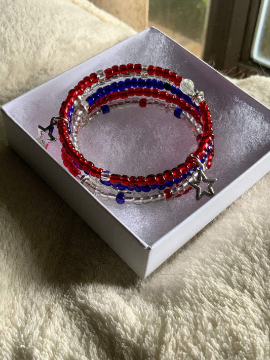 Patriotic Memory Wire Glass Bead Bracelet — Red, White & Blue with Silver Stars