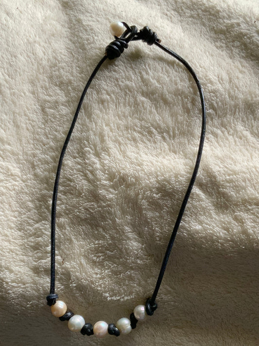 Black leather cord necklace with pearls