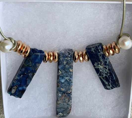 Handmade Lapis Lazuli & Freshwater Pearl Silver Leather Cord Necklace