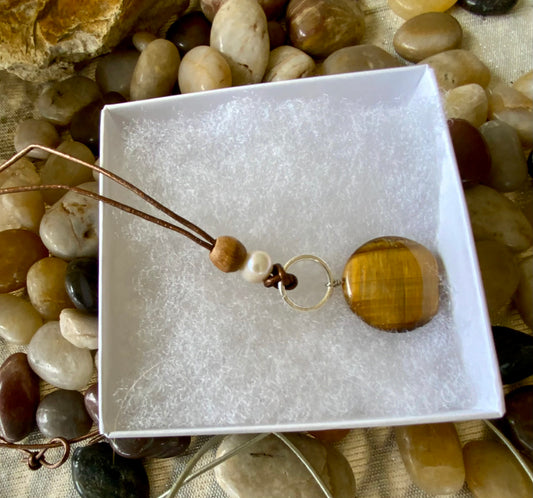 Handmade Tiger Eye Pendant Bronze Leather Cord Necklace with Pearl & Vintage Wood Bead