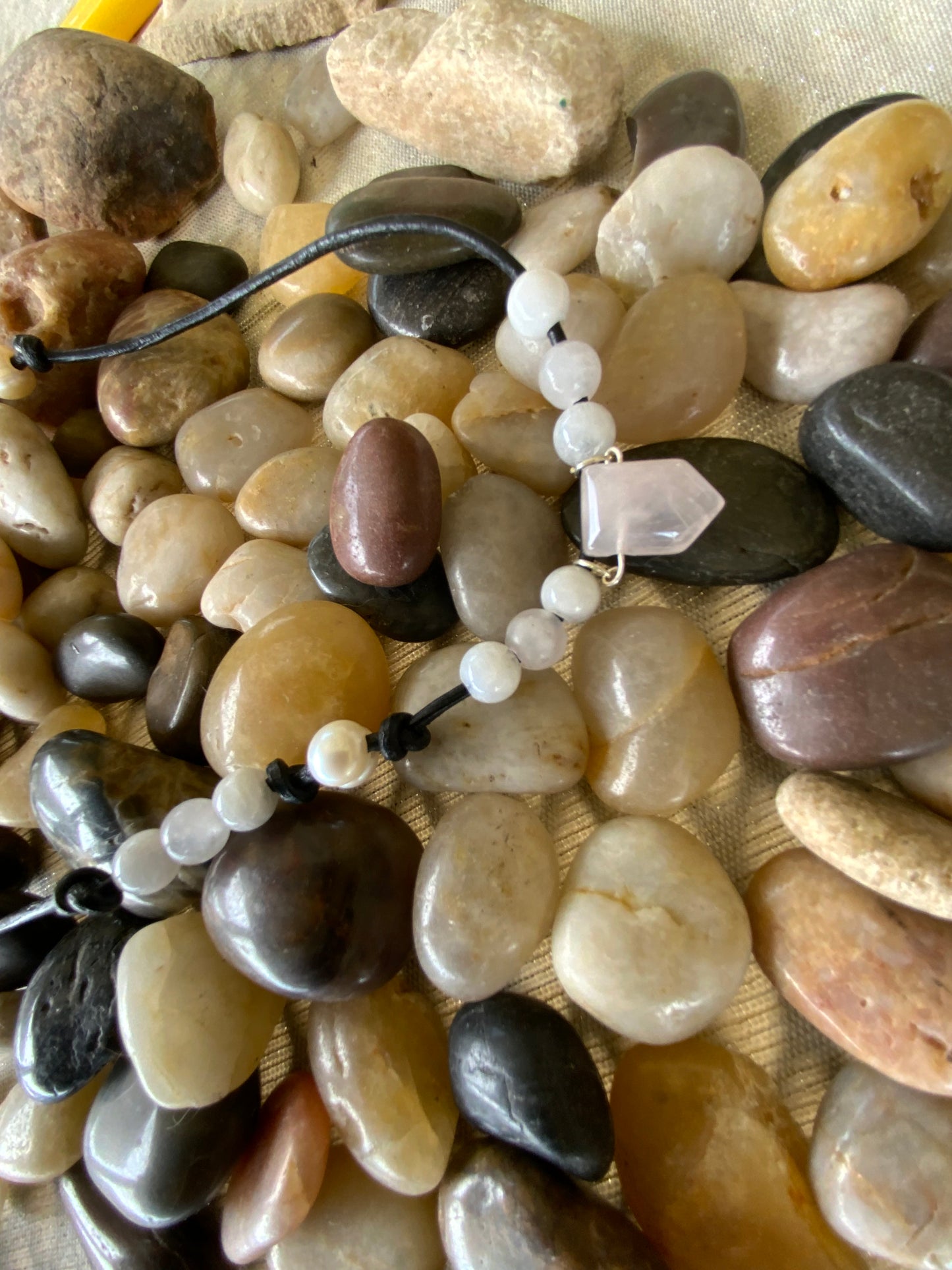 Handmade Rose Quartz Triangle, Moonstone & Pearl Hand-Tied Black Leather Cord Necklace