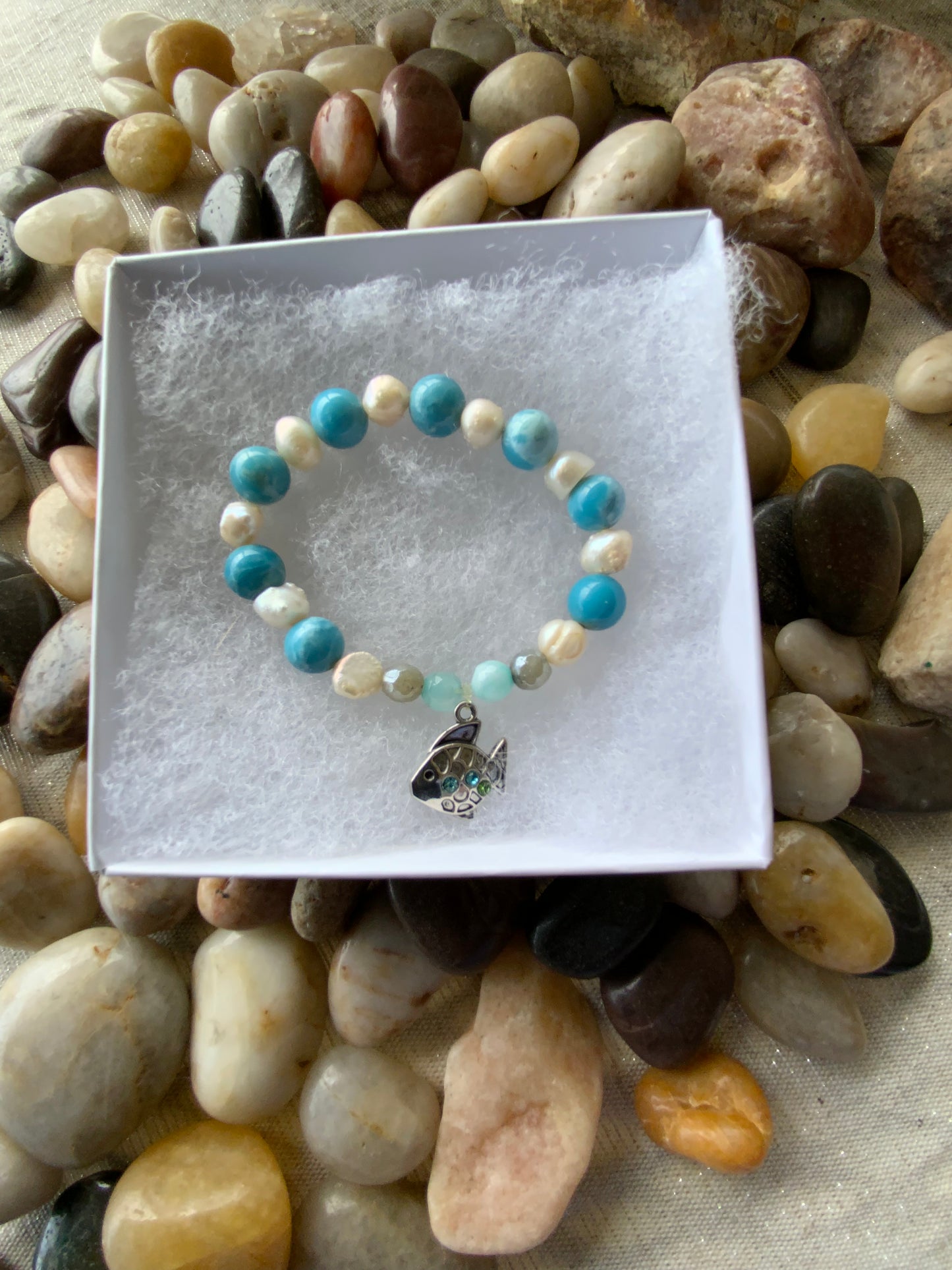 Handmade Reconstituted Larimar, Labradorite, Freshwater Pearl & Blue Aventurine Stretchy Bracelet with Fish Charm