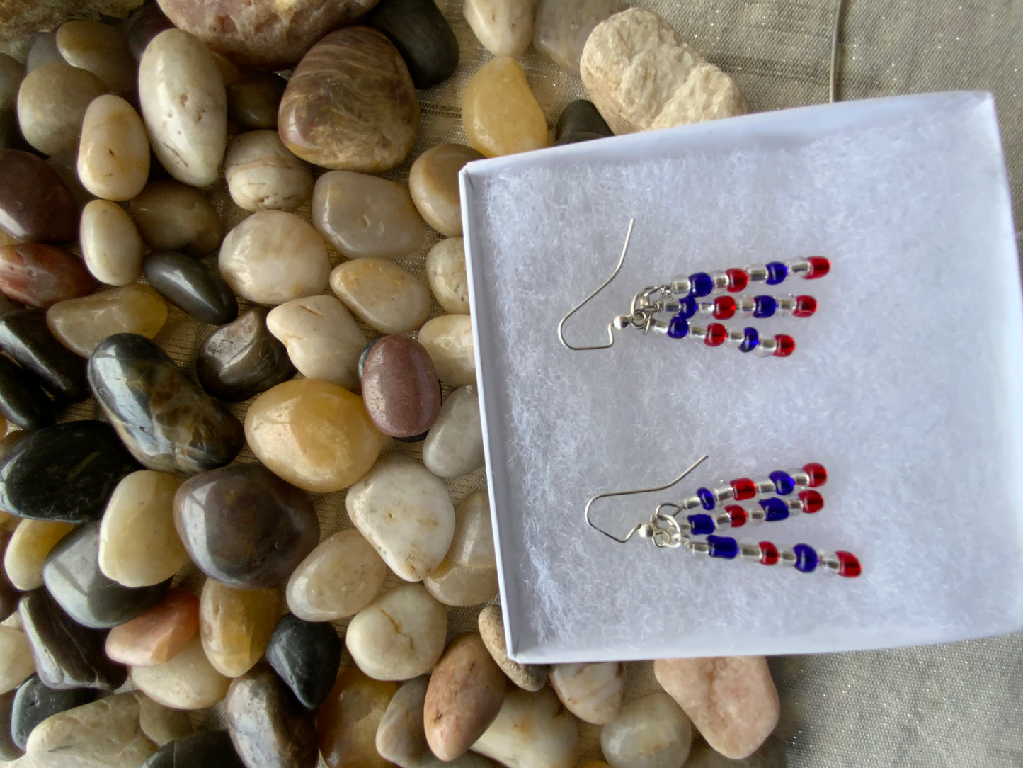 Handmade 4th of July Red & Blue Seed Bead Drop Earrings