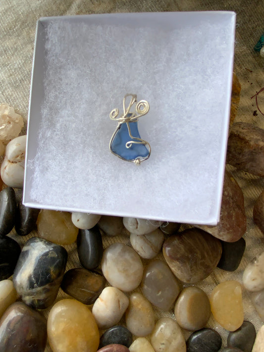 Blue Bermuda Sea Glass Wire-Wrapped Pendant