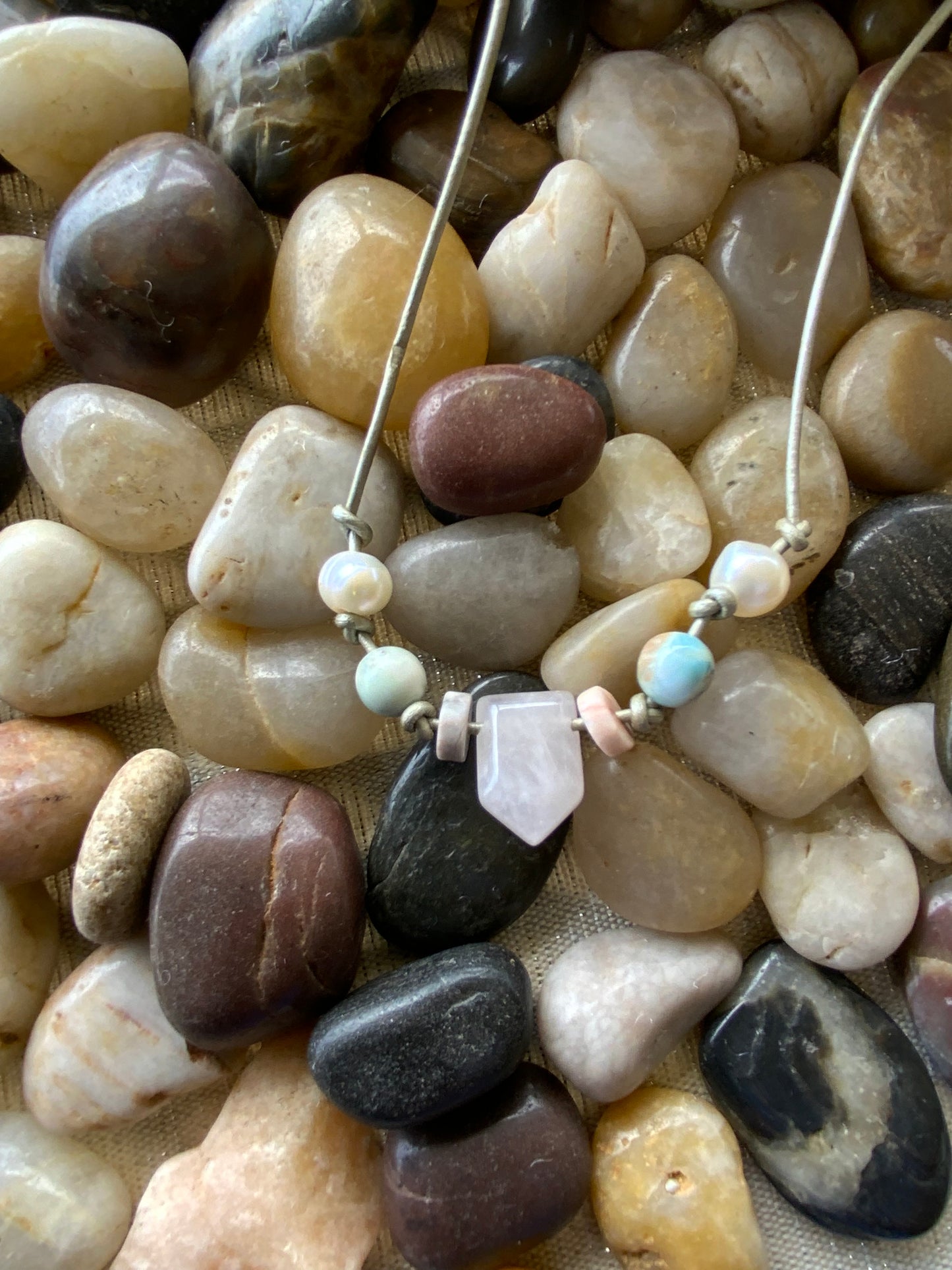 Handmade Bermuda Triangle Rose Quartz, Larimar & Pearl Hand-Knotted Silver Leather Cord Necklace