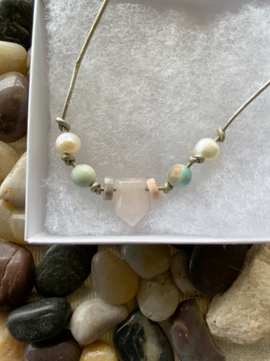 Handmade Bermuda Triangle Rose Quartz, Larimar & Pearl Hand-Knotted Silver Leather Cord Necklace