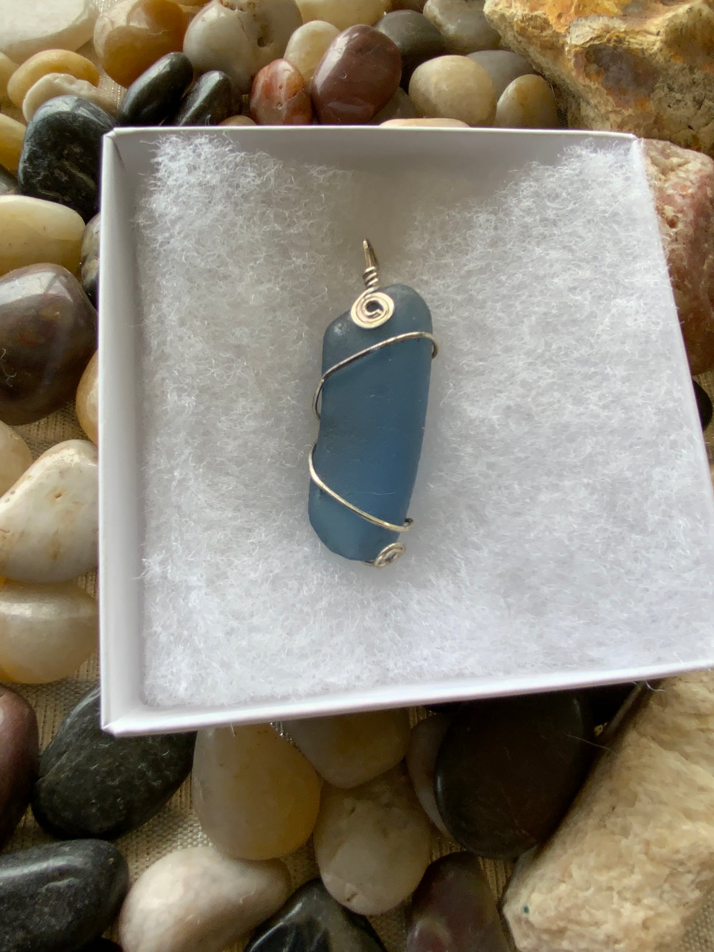 Large Blue Bermuda Sea Glass Wire-Wrapped Pendant
