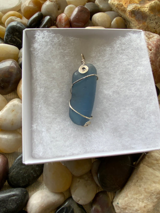 Large Blue Bermuda Sea Glass Wire-Wrapped Pendant