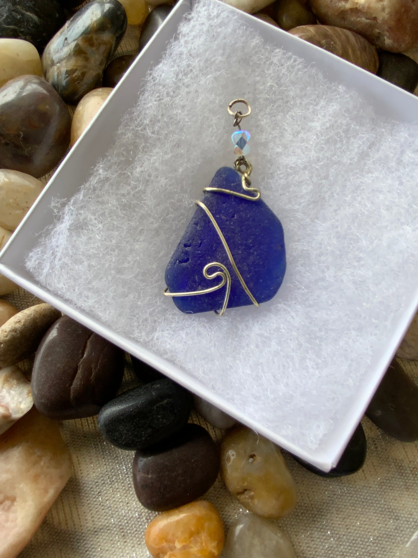 Handmade Rare Deep Cobalt Blue Bermuda Sea Glass Wire-Wrapped Pendant