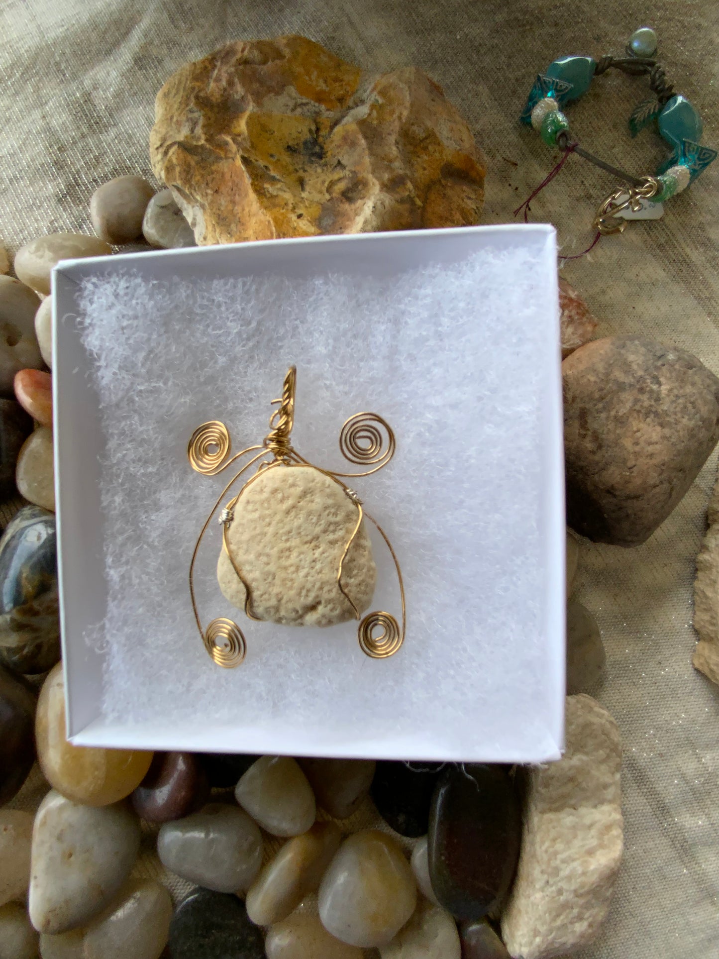 Handmade Bermuda Coral Wire Wrapped Pendant in Gold