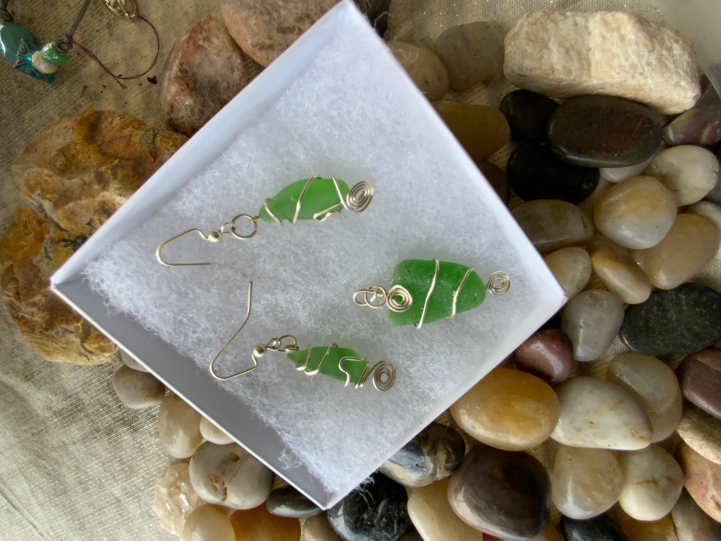 Handmade Bermuda Light Green Sea Glass Earrings and Pendant Set