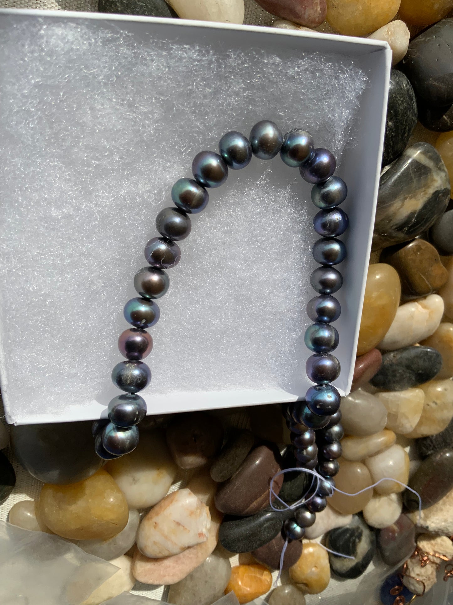 Handmade Peacock Grey Freshwater Pearl Graduated Necklace on Black Hand-Tied Silk