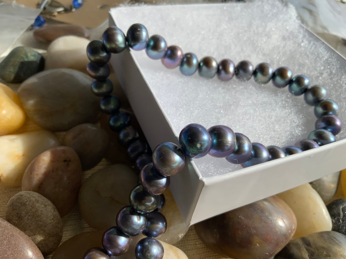 Handmade Peacock Grey Freshwater Pearl Graduated Necklace on Black Hand-Tied Silk