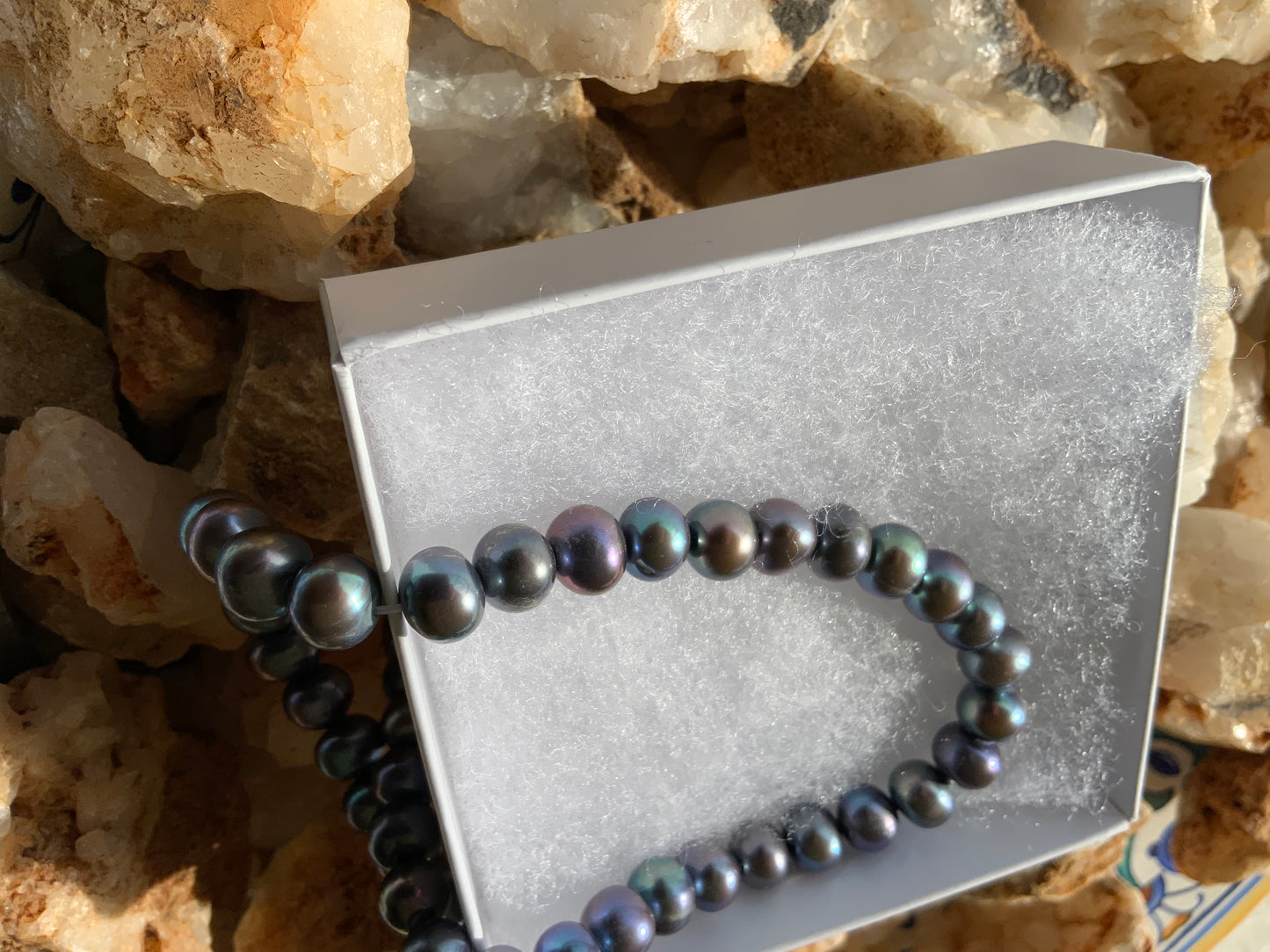 Handmade Peacock Grey Freshwater Pearl Graduated Necklace on Black Hand-Tied Silk