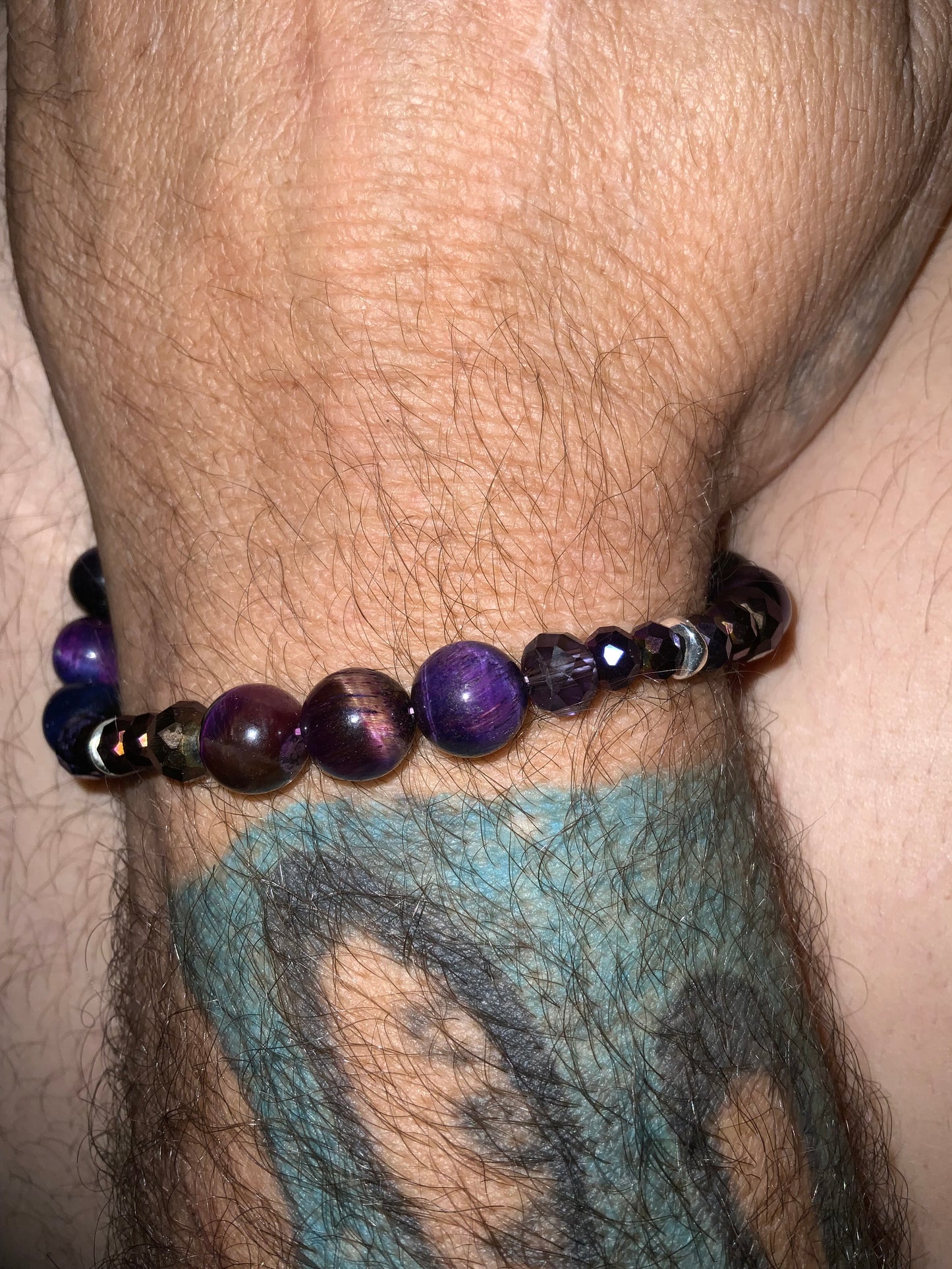 Handmade Bracelet with Tiger Eye, Purple Agate & Amethyst, Czech Glass and Silver Hematite