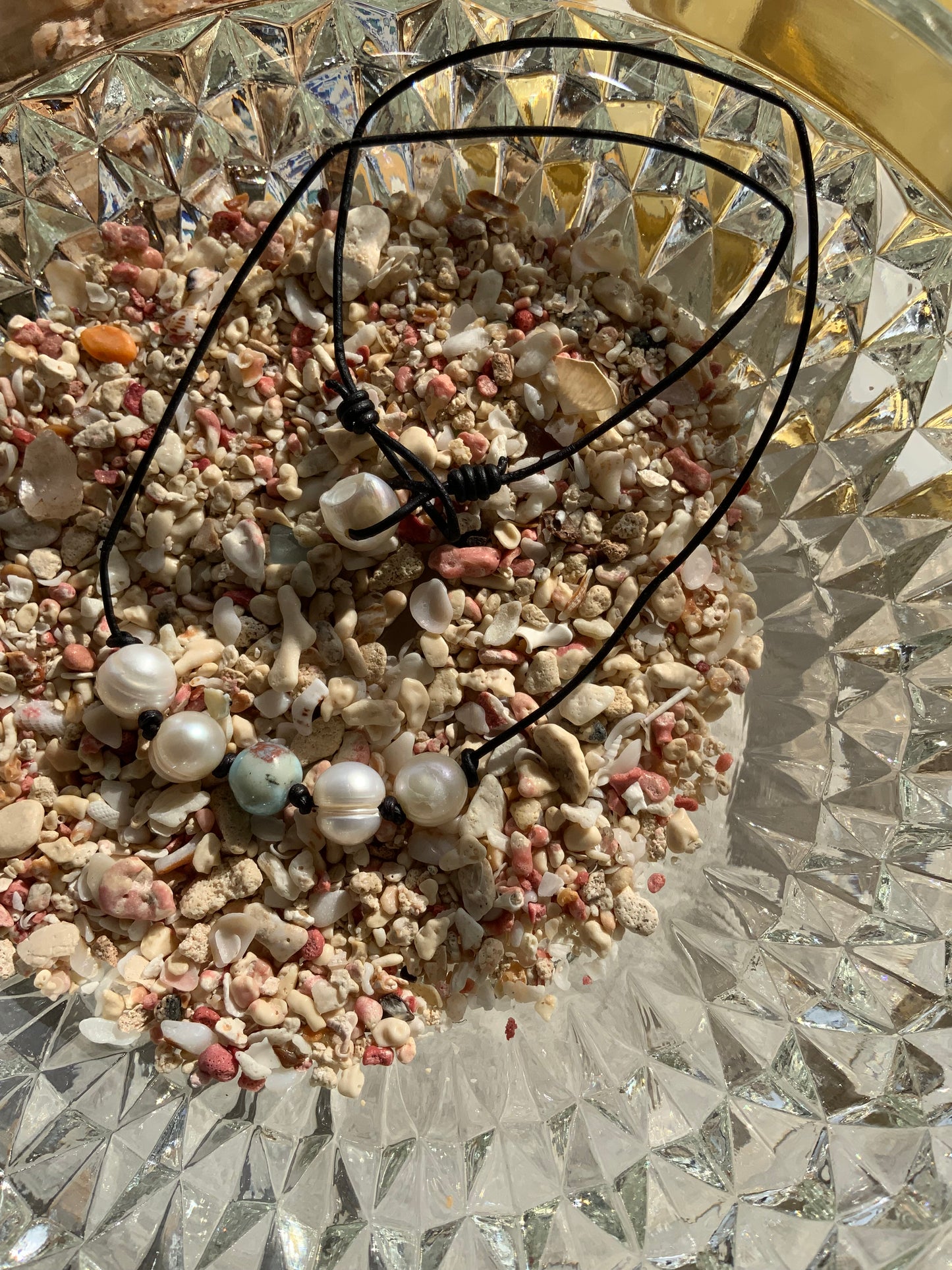 Handmade Genuine Larimar and Freshwater Pearls Hand-Tied Necklace on Black Leather Cord