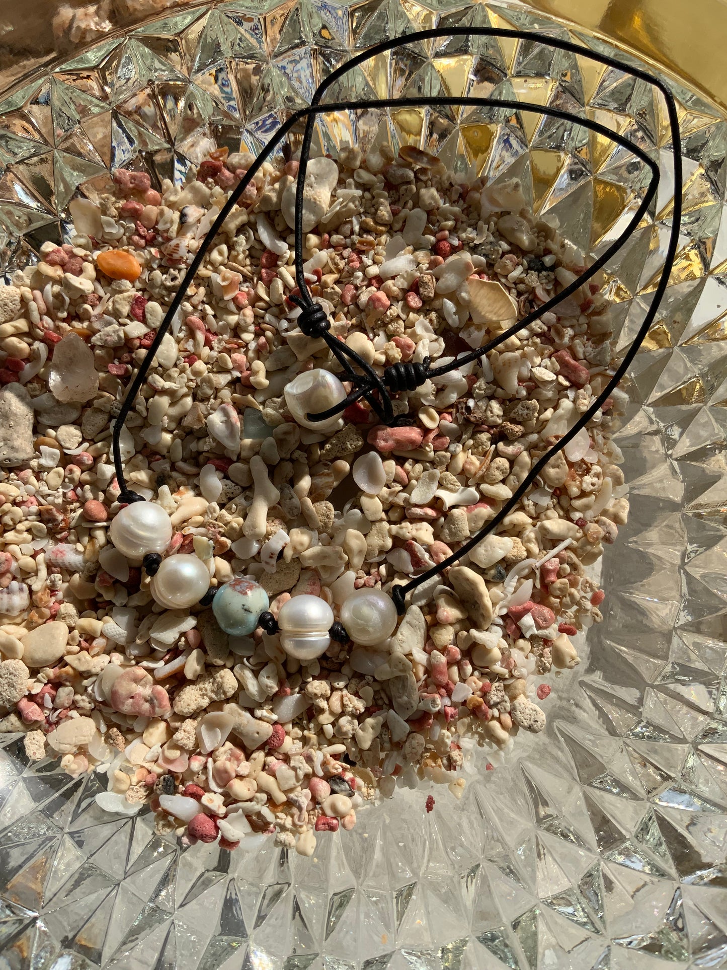 Handmade Genuine Larimar and Freshwater Pearls Hand-Tied Necklace on Black Leather Cord