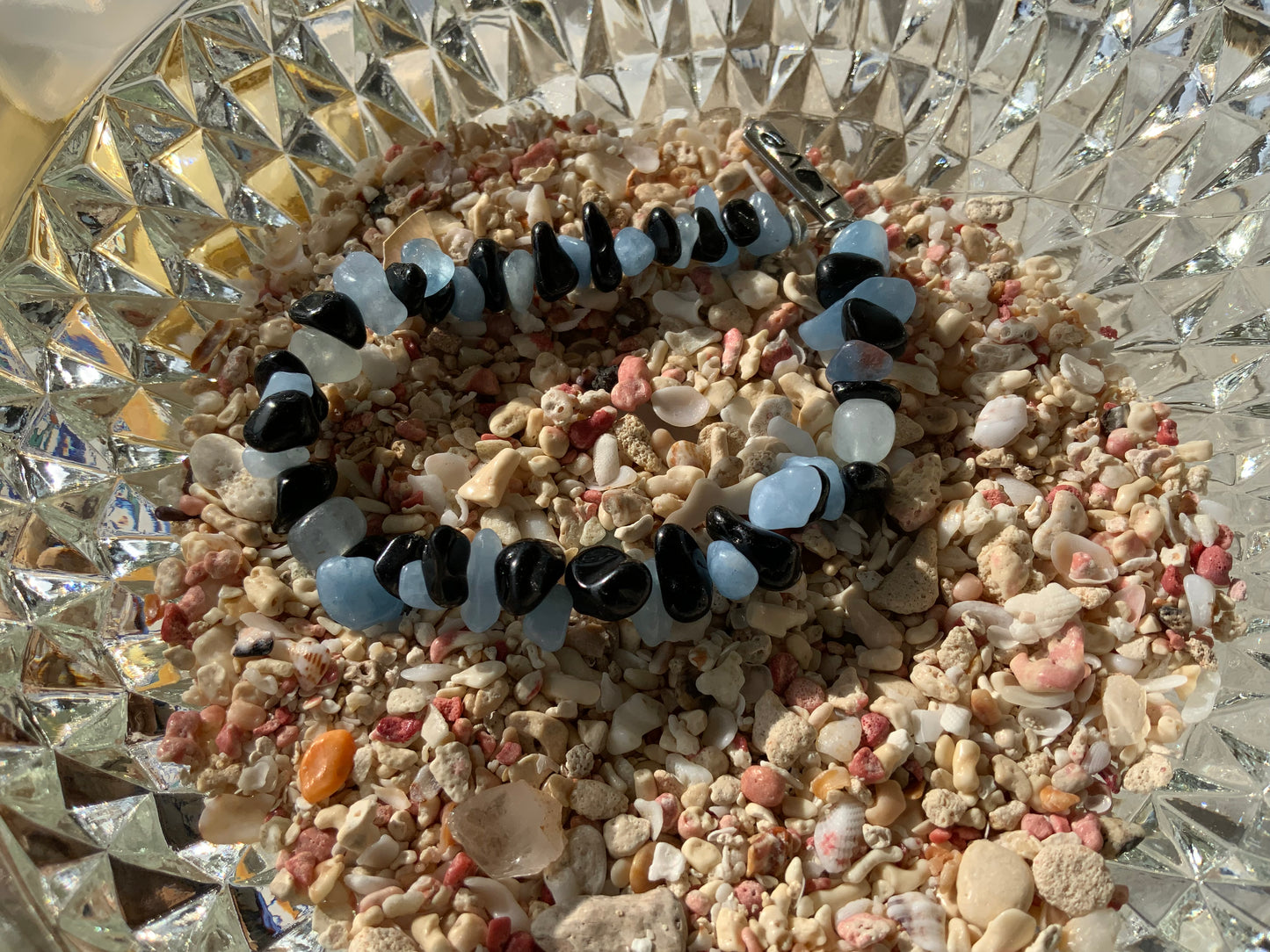 Handmade Obsidian and Aquamarine Stretchy Bracelet with Love Charm