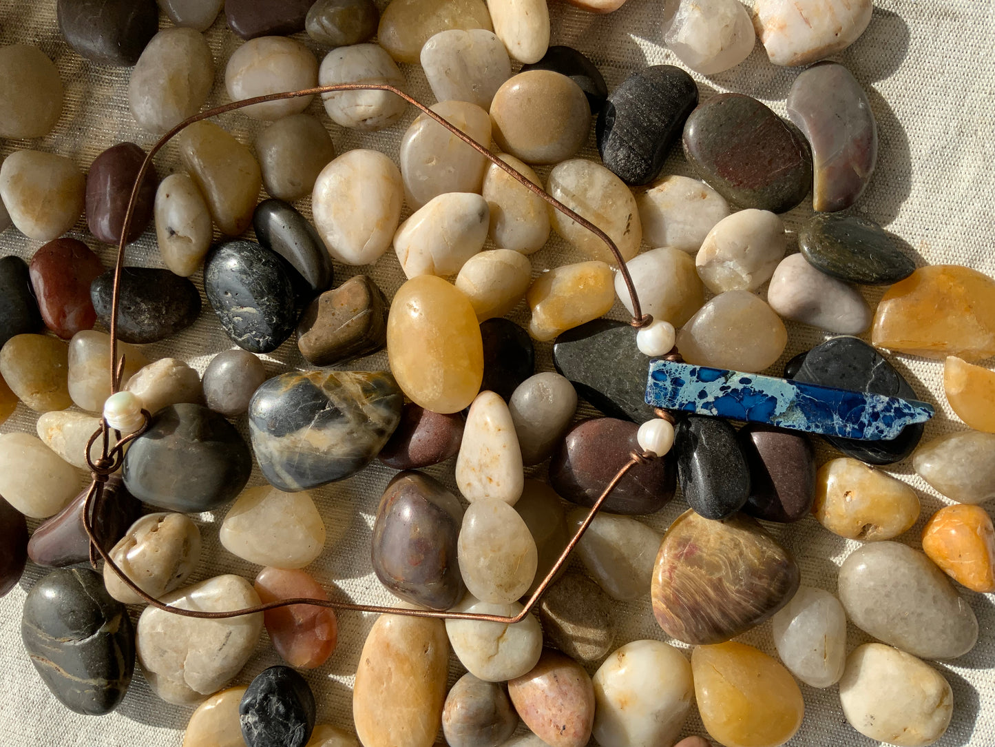 Lapis Pendant with Freshwater Pearls on Bronze Leather Cord